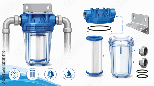 Water filter system with transparent housing and blue components isolated on white