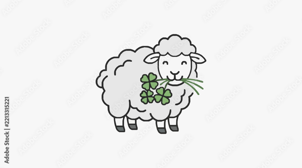 Obraz premium Corporate of a White Sheep Holding Green Four Leaf Clover Symbols for Luck and Success with high quality professional line art symbols for modern creative design and digital branding projects