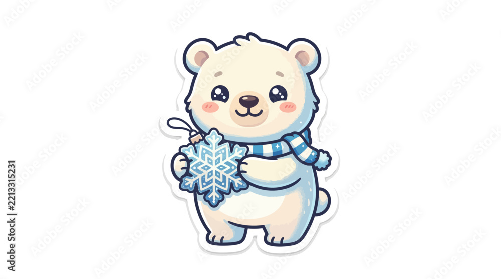 Obraz premium Cute Kawaii Polar Bear Sticker Wearing Blue Scarf and Holding Snowflake