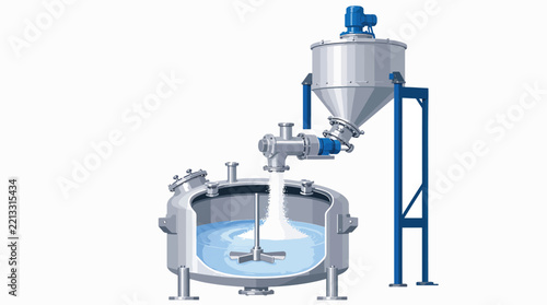 Industrial stainless steel mixing tank with hopper and liquid processing system