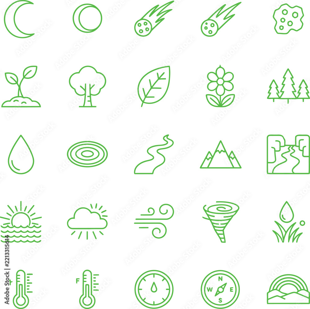 Fototapeta premium Set of twenty-five green line icons representing nature, weather, and environmental on a clean white background