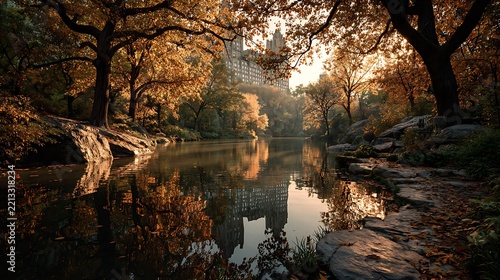 Golden autumn park scene with calm lake reflecting trees and distant building architecture