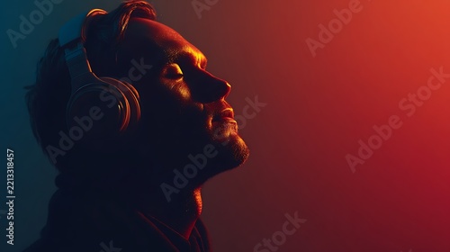 Man wearing headphones. eyes closed. immersed in music with dramatic red and blue lighting