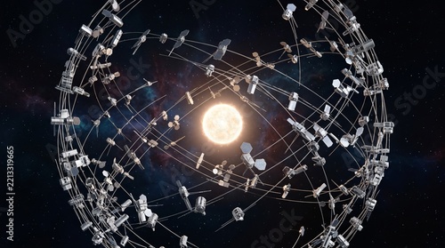 Complex swarm ring of orbital solar satellites surrounding glowing star representing dyson swarm mega-structure, cosmic energy harvesting, and futuristic deep space engineering