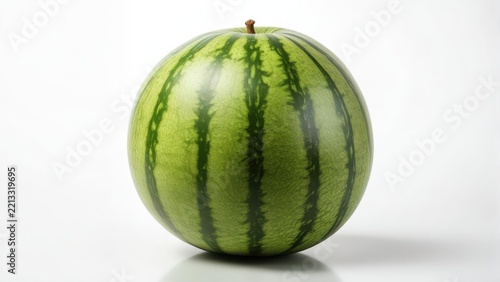 A perfectly rounded watermelon sits atop a crisp white background, its green rind glistening with dew, as if freshly plucked from the vine , refreshing, yellow