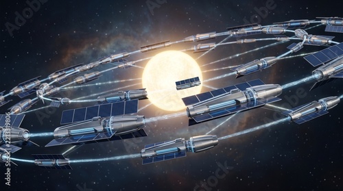 Symmetrical ring array of advanced solar collector satellites orbiting bright sun symbolizing dyson ring mega-structure, clean cosmic power generation, and deep space exploration
