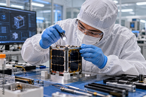Technician in cleanroom suit inspecting a small CubeSat satellite with a flashlight in an aerospace lab