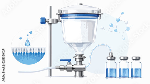 Laboratory filtration system with glass funnel and vials, scientific setup