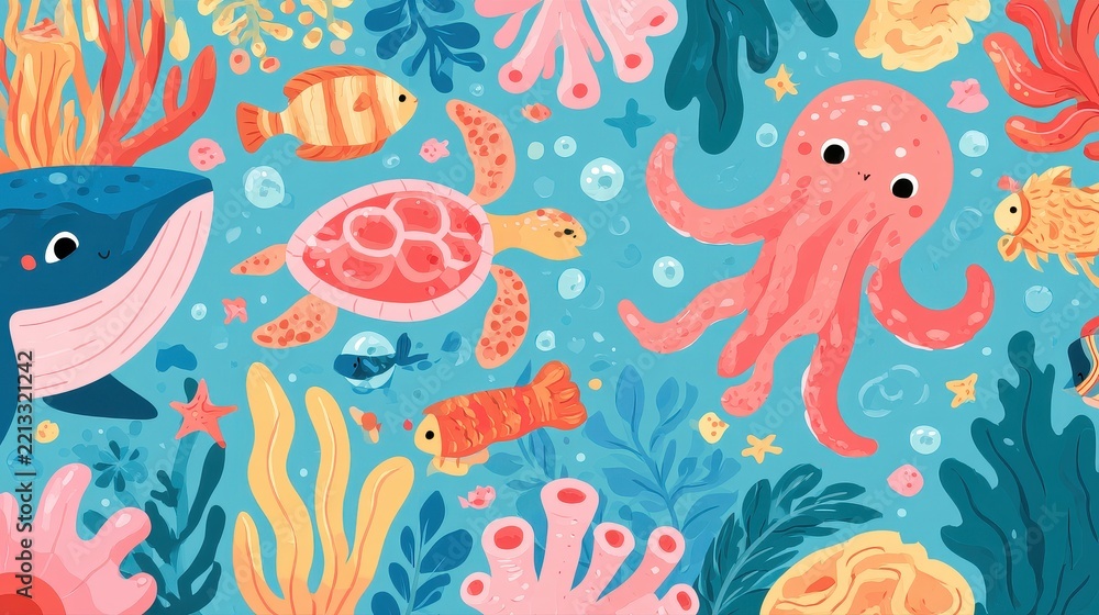 Obraz premium Marine conservation flat design top view underwater life theme cartoon drawing colored pastel. -