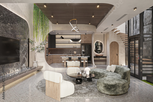 Modern Open-Concept Living Room and Kitchen with Designer Furniture and Cozy Ambiance