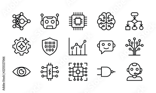 A comprehensive set of modern black outline icons representing artificial intelligence and machine learning technology.