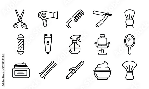 Illustration of A set of black and white line icons representing various barber shop and hairdressing tools.