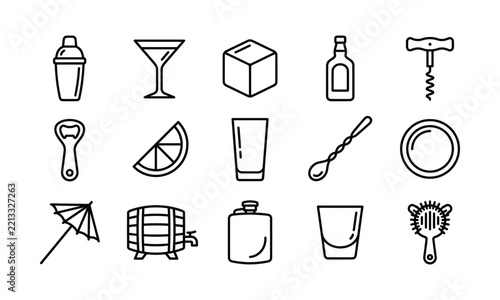 A collection of black and white vector outline icons representing various bar and cocktail drinks items.