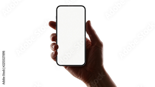 Human hand holding modern smartphone with blank screen, isolated on transparent background