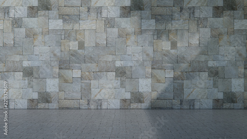 Close up of Quartzite Ashlar Stone Wall texture in Slanting Sunlight with Cast Shadows. Construction Concept with copy-space.
