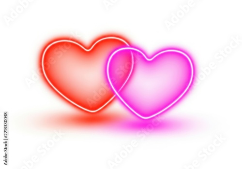 Two glowing neon hearts overlapping with soft light effect