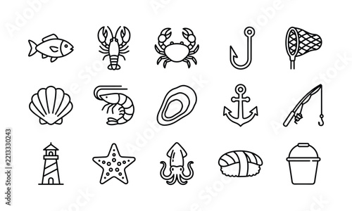 A collection of black and white vector outline icons representing various fishing and seafood elements.