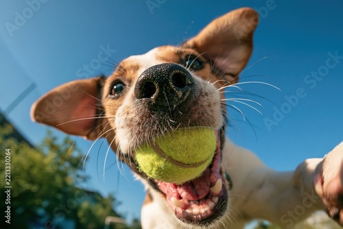 Happy dog jumping and catching a tennis ball with wide angle close up, playing outdoors under blue sky
