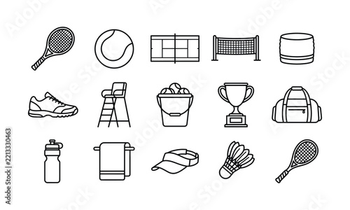 Illustration of A set of black and white line icons representing various tennis equipment and accessories.