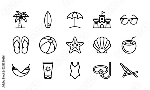 Illustration of A collection of black outline beach and summer vacation icons displayed on a clean white background.