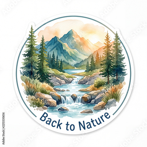 Watercolor Back to Nature Badge with Mountain Lake, River and Pine Trees. Sticker Style on a White Background