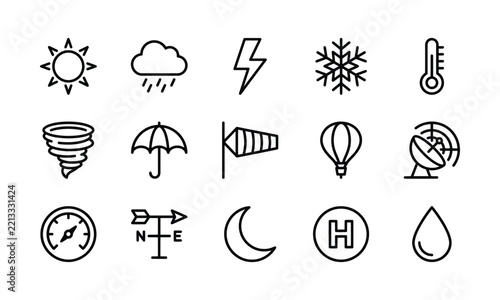 A collection of black and white weather outline vector icons representing various meteorology elements.