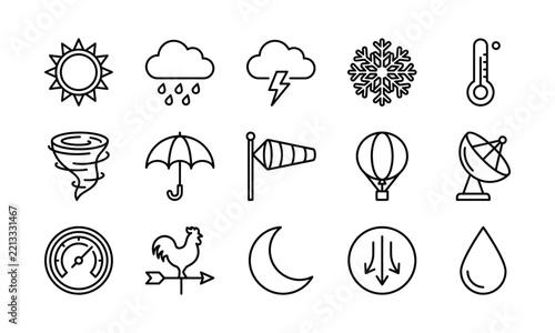A collection of black and white weather outline vector icons representing various forecast conditions.