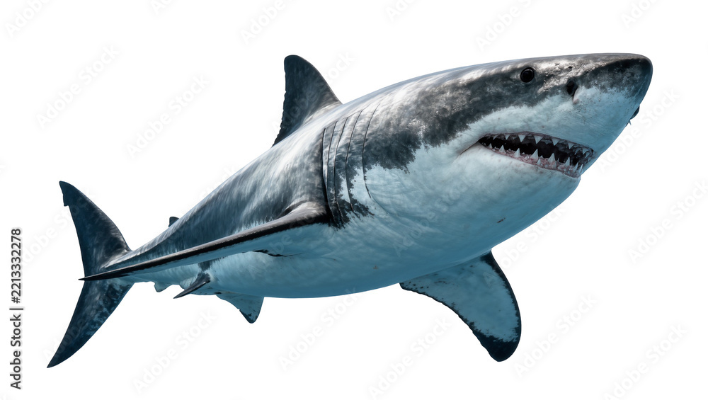 Obraz premium Great white shark with sharp teeth and dark grey markings, isolated on transparent background
