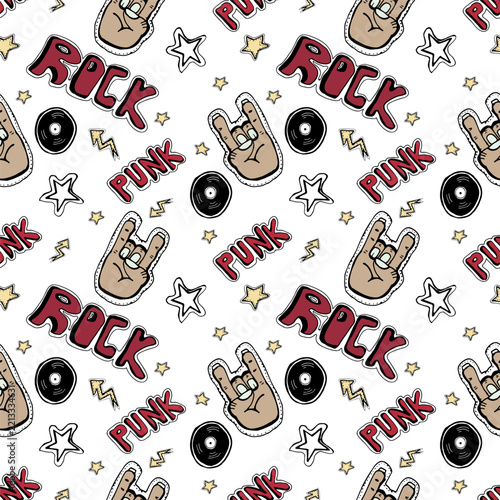 Rock and punk music hand drawn seamless pattern.