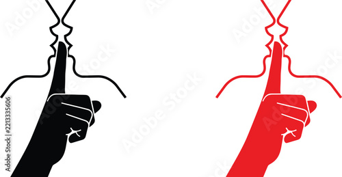 Two silhouettes of faces kissing with a hand making a shushing gesture in the foreground