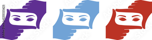 Set of three colorful hands framing human eyes