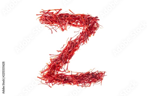 Z English Alphabet Capital Letter Created with Organic Saffron or Kesar Heap Isolated on White Background with Copy Space, Kindergarten Children Education and Learning