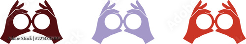 Set of three colorful hand gestures forming binoculars or circles