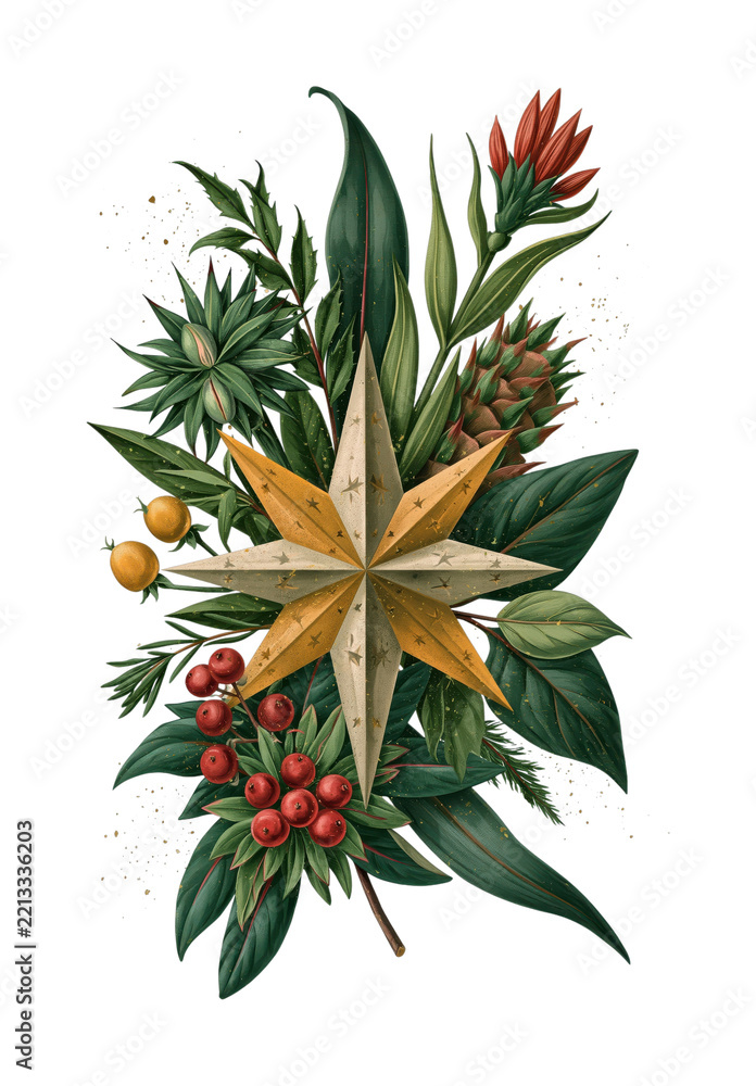 Naklejka premium PNG Festive botanical star arrangement with lush green leaves and berries