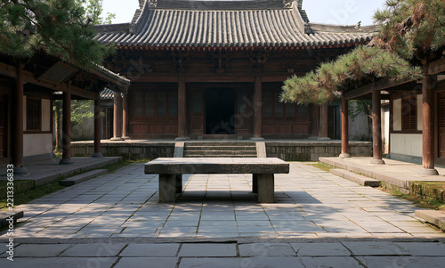 Modest mountain Daoist courtyard, blue gray stone paving