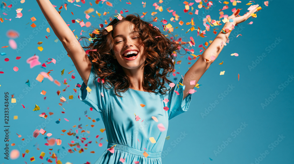 Fototapeta premium Joyful young woman celebrating with colorful confetti shower, smiling and raising arms in blue dress