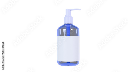 Glossy blue pump dispenser bottle with blank white label on transparent background, png