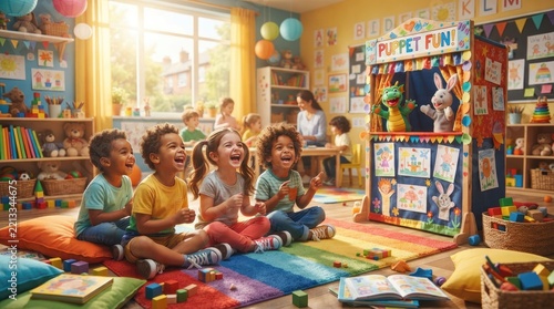 children enjoying puppet show in colorful classroom