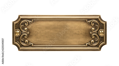 Ornate antique brass nameplate with vintage floral scrollwork details isolated on transparent background