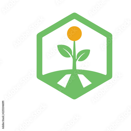 Green hexagon logo with stylized plant and sun