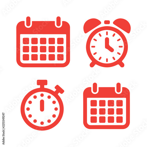 Calendar Icons Set, Vector Calendar and Time Management Symbols with Alarm Clock, Stopwatch, Timer, Reminder, Countdown, Deadline and Business Schedule Illustrations