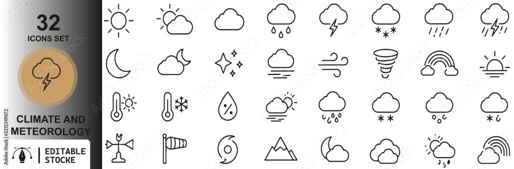 Fototapeta premium Weather Line Icons Set – 32 Editable Stroke Forecast, Climate and Meteorology Icons