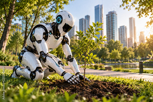 Humanoid Robot Caring for Green Plants in a Modern Urban Park