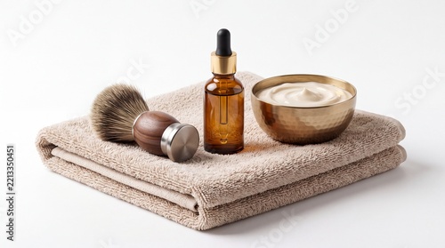 Natural male grooming kit featuring shaving brush serum bottle and cream bowl on white background