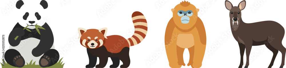 Fototapeta premium Asian Mountain Forest Wildlife Vector Set Featuring Giant Panda, Cute Red Panda, Golden Snub-Nosed Monkey, and Musk Deer Icons for Creative Nature Graphic Designs