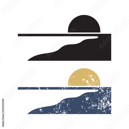 single line beach sunset vector silhouette clip art logo design illustration.