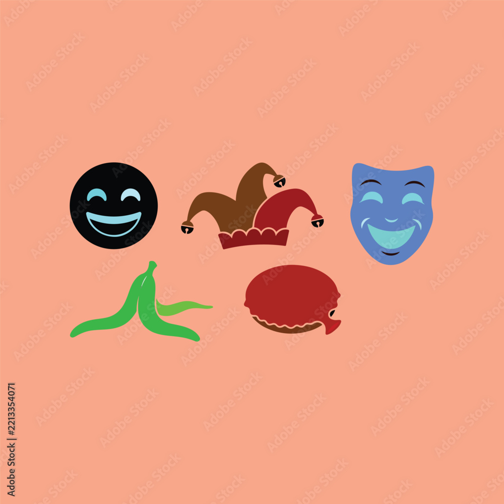 Obraz premium Set of Five Comedy Prank Icons Laughing Emoji Jester Hat Theater Mask Banana Peel Whoopee Cushion Peach Background