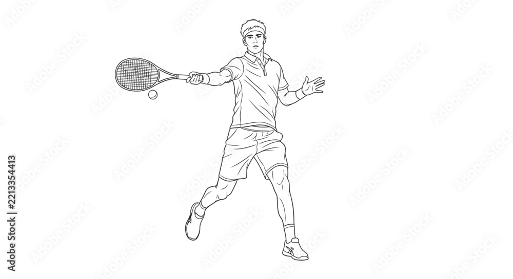 Fototapeta premium Tennis player drawn in a dynamic action pose hitting the ball with a racket.