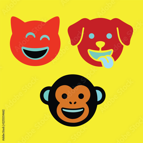 Photography Set of Three Cute Animal Face Emojis Laughing Cat Playful Dog with Tongue Out an