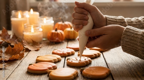Baker decorates sweet cookies shaped like gourds using a piping bag filled with white icing.